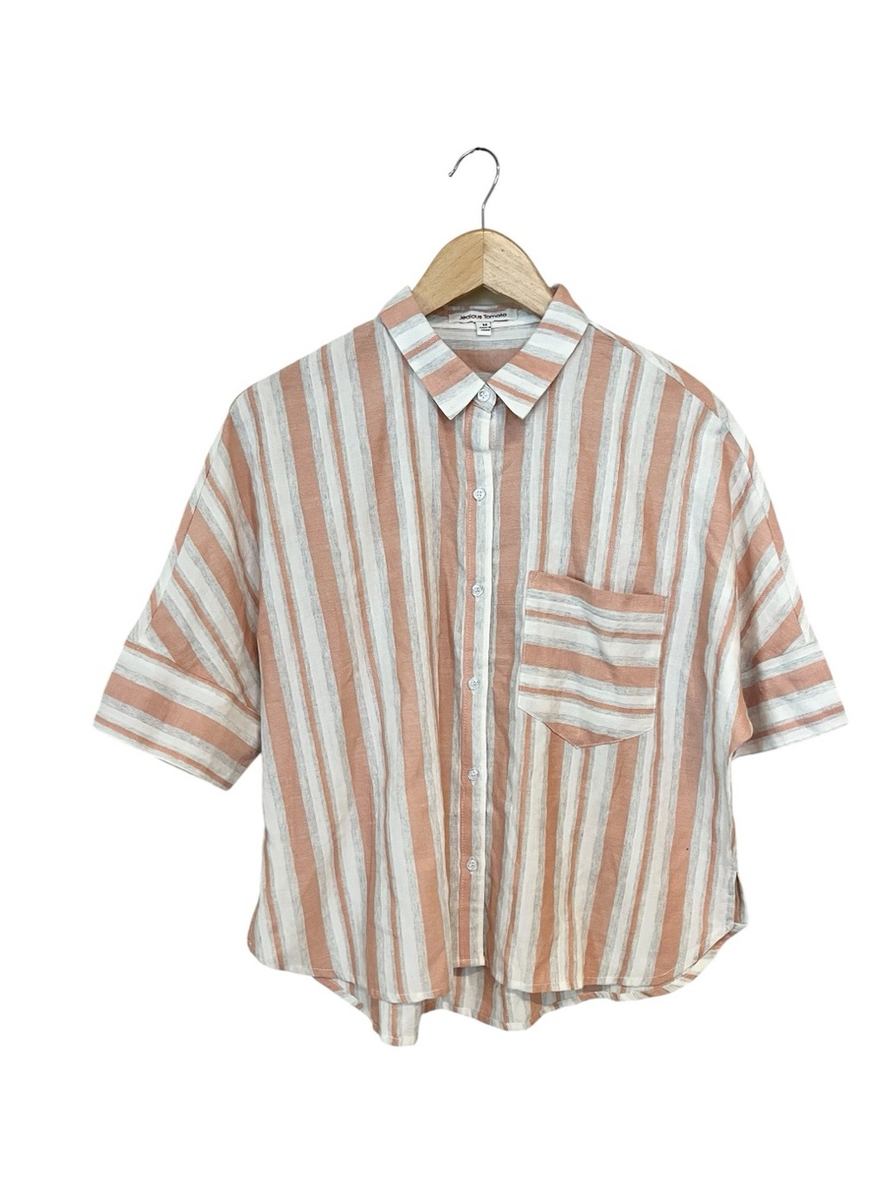 Jealous Tomato Peach Striped Cotton Button-Up Dolman Top Medium Collared
